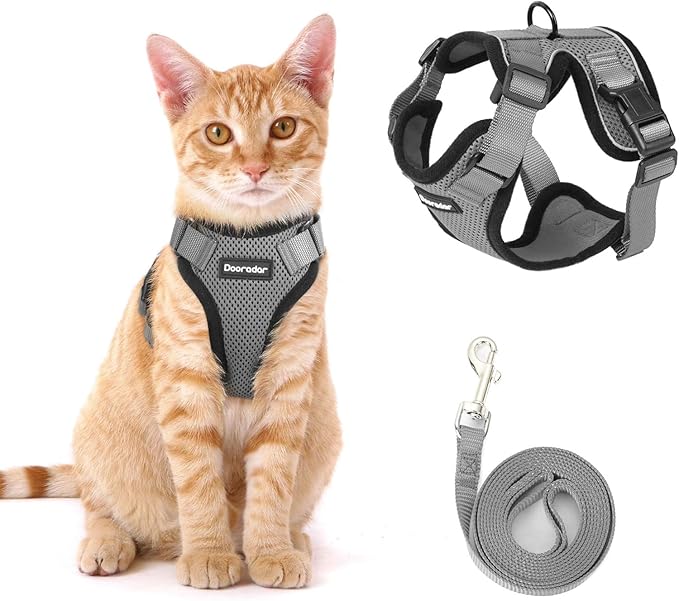 Dooradar Cat Harness and Leash Set, Escape Proof Safe Adjustable Kitten Vest Harnesses for Walking, Easy Control Soft Breathable Mesh Jacket with Reflective Strips for Cats, Grey, XXS