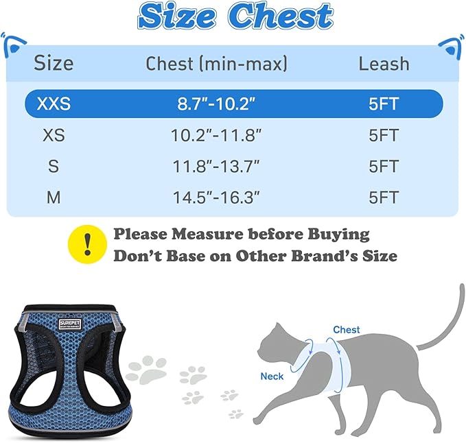 Cat Harness and Leash for Walking Escape Proof, Adjustable Kitten Vest Harness Reflective Soft Mesh Puppy Harness for Outdoor, Comfort Fit, Easy to Control (Blue, XXS)