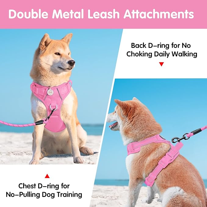 PoyPet No Pull Dog Harness and 5 Feet Leash Set, Release on Neck Reflective Adjustable Pet Vest, Front & Back 2 D-Ring and Soft Padded Pet Harness with Handle for Small to Large Dogs(Pink,S)