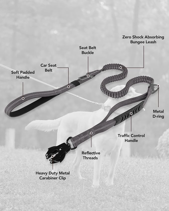 Joytale Tactical Dog Leash Heavy Duty, 4-6FT Shock Absorbing Bungee Lead with 2 Padded Handle, Metal Carabiner Clip, Car Seatbelt, Strong No Pull Leash for Medium Large X-Large Dogs, Gray