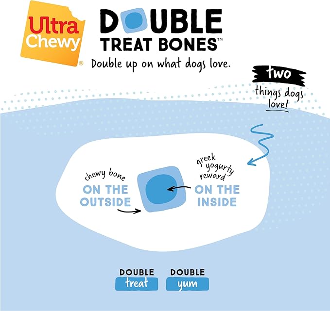 Ultra Chewy Double Treat Bones: Long-Lasting Dog Treats Made in USA for Large and Small Breeds, Highly Digestible, Ideal for Aggressive Chewers (Greek Yogurt, 2 Value Packs)