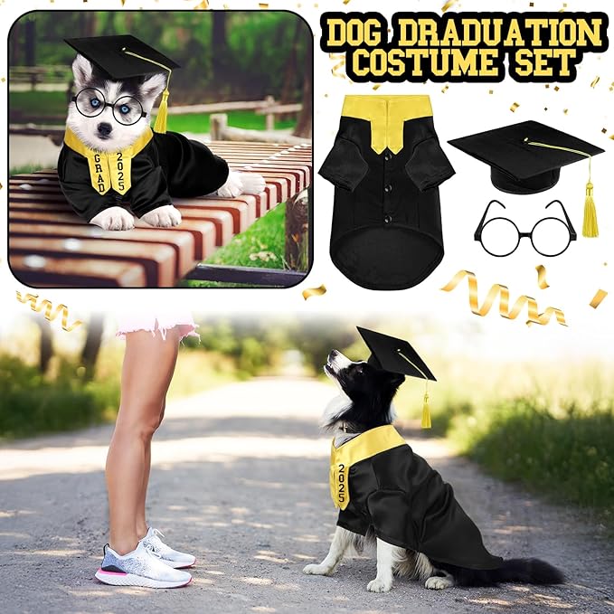 5 Pcs Dog Graduation Costume Set Include 2025 Pet Graduation Gown with Stole Puppy Grad Cap Lensless Glasses DIY Letter Stickers for Dogs Cats Holiday Costume Accessory(Black Yellow,S)