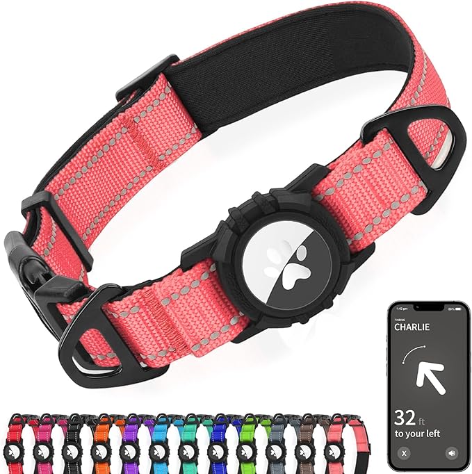 Joytale Airtag Dog Collar, Dual D-Rings, Reflective Pet Collar with Waterproof AirTag Holder, Soft Padded Adjustable for Large Dogs, Neon Pink, L