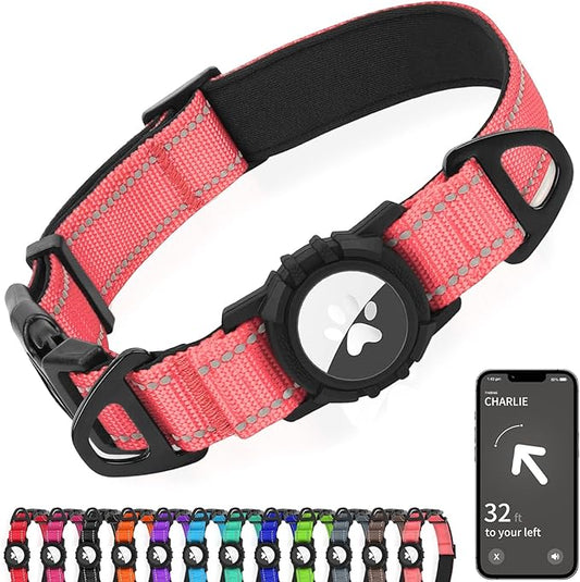 Joytale Airtag Dog Collar, Dual D-Rings, Reflective Pet Collar with Waterproof AirTag Holder, Soft Padded Adjustable for Large Dogs, Neon Pink, L