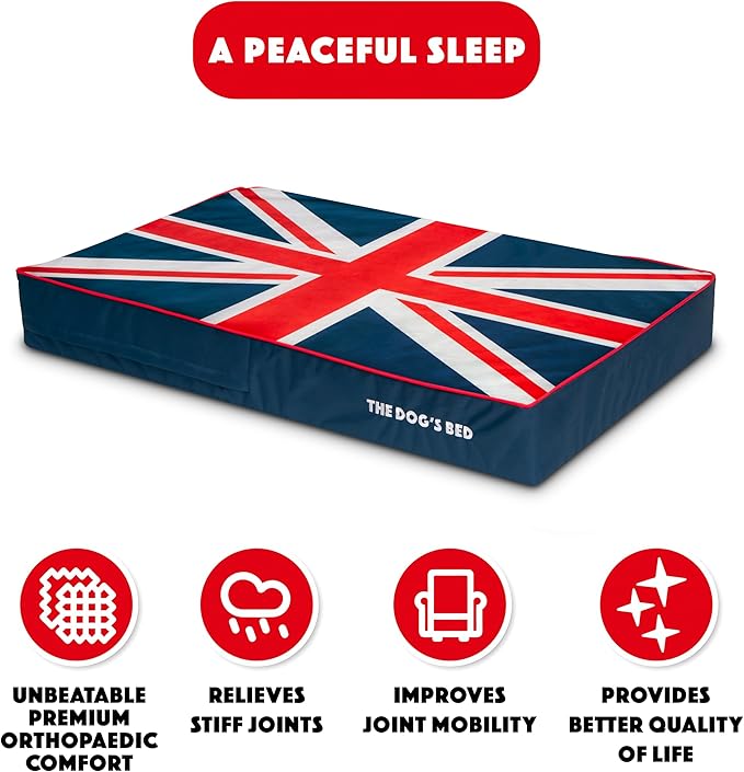 The Dog’s Bed Orthopedic Memory Foam Dog Bed, XLBlue & Red Trim UK Center Flag 46x28, Pain Relief for Arthritis, Hip & Elbow Dysplasia, Post Surgery, Supportive, Calming, Waterproof Washable