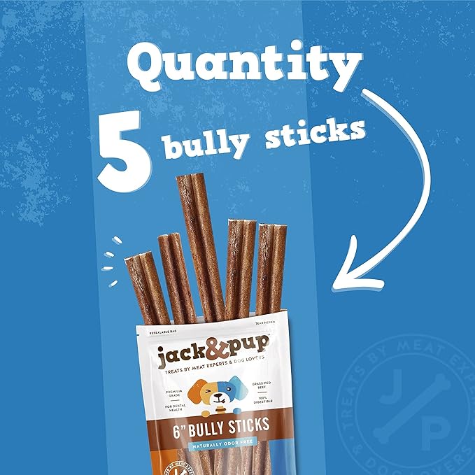 Jack&Pup 6-inch Thick Bully Sticks (5 Pack) Single Ingredient Bully Sticks for Dogs | Long Lasting Pizzle Sticks for Medium Dogs