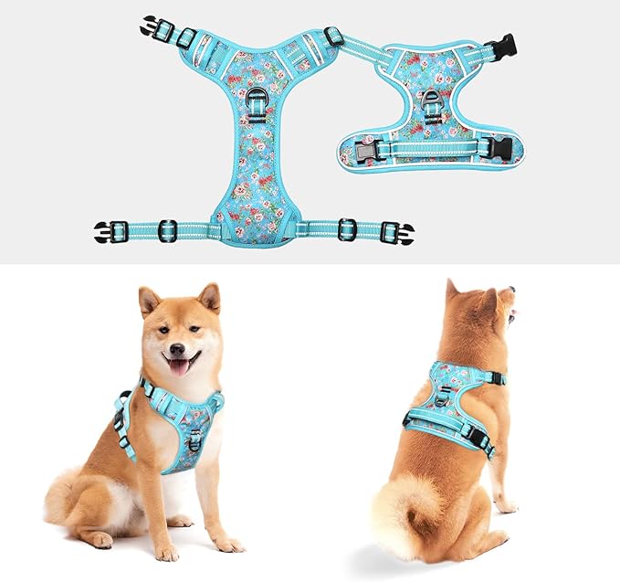 Timos No Pull Dog Harness,NO Need Go Over Dogs Head 3 Snap Buckles Reflective Oxford No Choke Puppy Harness with Front & Back 2 Metal Leash Clips Soft Padded for Small Medium Large Dogs