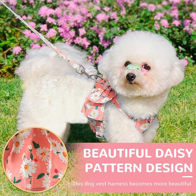 BAEJMJK Dog Harness and Leash Set with Bow Knot No Pull Pet Daisy Floral Harness with D-Ring Soft Mesh Dog Harness Vest Set Escape Proof Princess Puppy Harness for Small Girl Dogs Cats(Pink L)