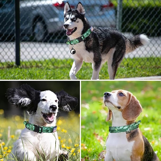 Hotsky Tactical Dog Collar, Adjustable Military Training Nylon Airtag Collar with Handle and Heavy Duty Metal Buckle for Medium Large Dogs, with Airtag Holder and Two Patches(Leaves,L)