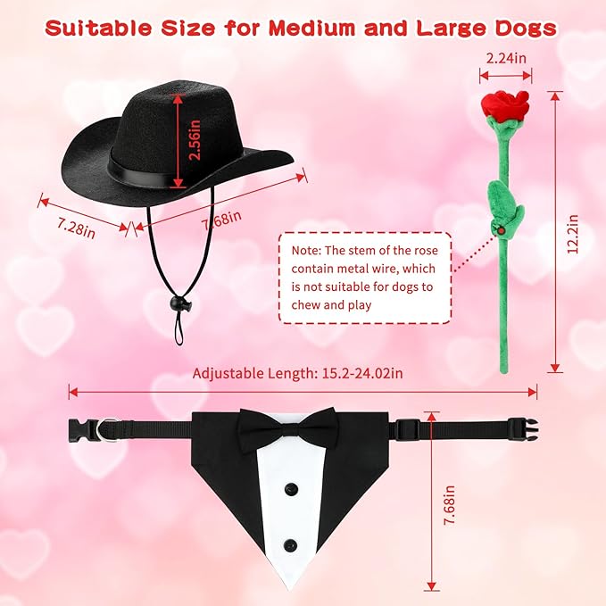 Valentine's Day Dog Costume Dog Cowboy Hat Formal Dog Tuxedo Bandanas and Rose Gift, Medium Large Dog Valentines Day Outfit with Pet Cowboy Hat and Adjustable Dog Wedding Tuxedo