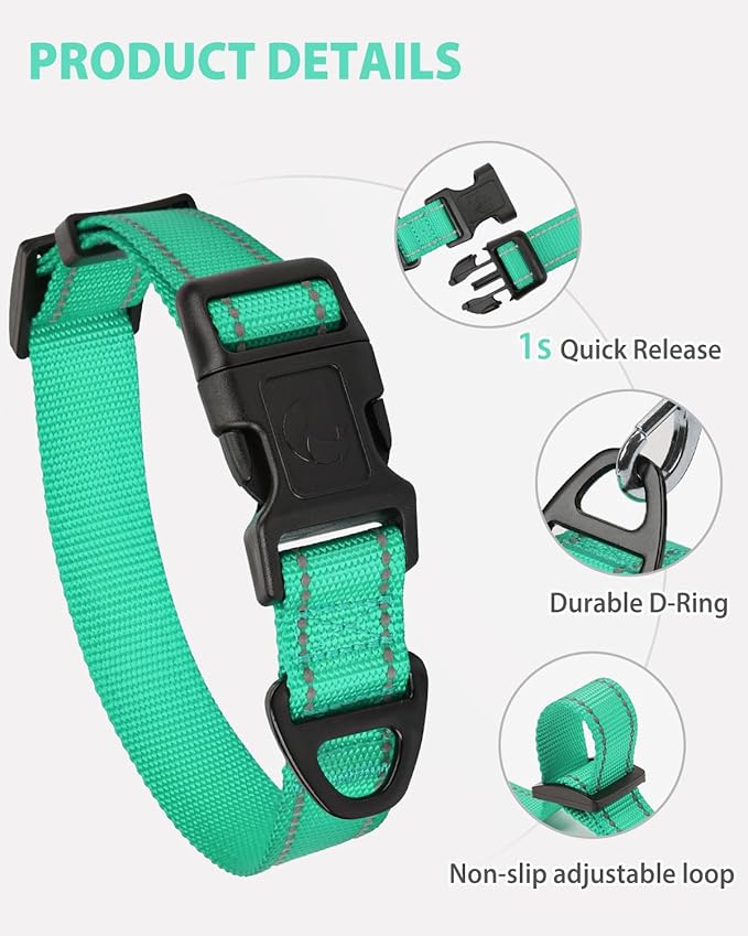 Joytale Small Dog Collar, Reflective and Adjustable Nylon Collar with Quick-Release Buckle, Lightweight No-Choke Design for Small Dogs, Teal, 5/8" Width