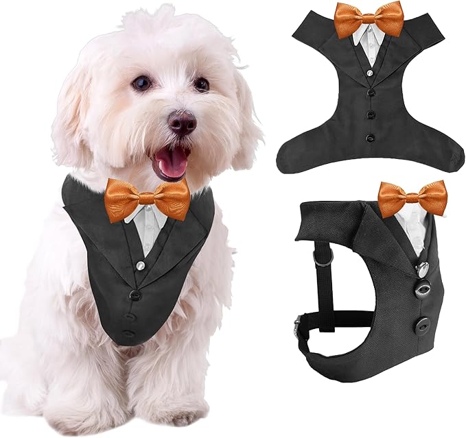 Dog Tuxedo for Wedding Outfit, Dog Suit and Tie Costumes for Birthday, Halloween, Cosplay, Christmas Party, Pet Formal Wear with Bowtie, Tux for Small Dogs, Chihuahua, Bichon, Maltese, Cats