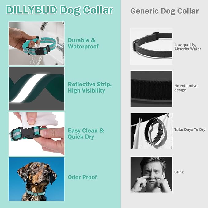 Waterproof Dog Collar, Soft Rubber with Safety Buckle - Adjustable Dog Collars for Large Small Medium Dogs Puppy, Heavy Duty Odor-Resistant Reflective Pet Collar, Aqua Blue M