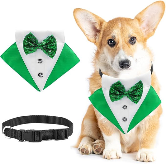 St.Patrick's Day Dog Tuxedo Bandanas Costume Pet Green Irish Outfits Adjustable Saint Patrick's Day Dog Scarf Bow Tie Collar for Large Dogs Cats Cosplay Party Dress Doggie Bibs (Grenn, Small)