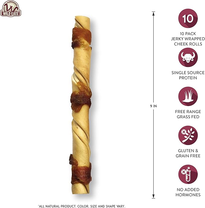 Water Buffalo Jerky Wrapped Cheek Twist Dog Chews - 10 Pack (Healthy Alternative for Beef Rawhides for Dogs, Natural Treat, Single Source Protein Dog Treat)