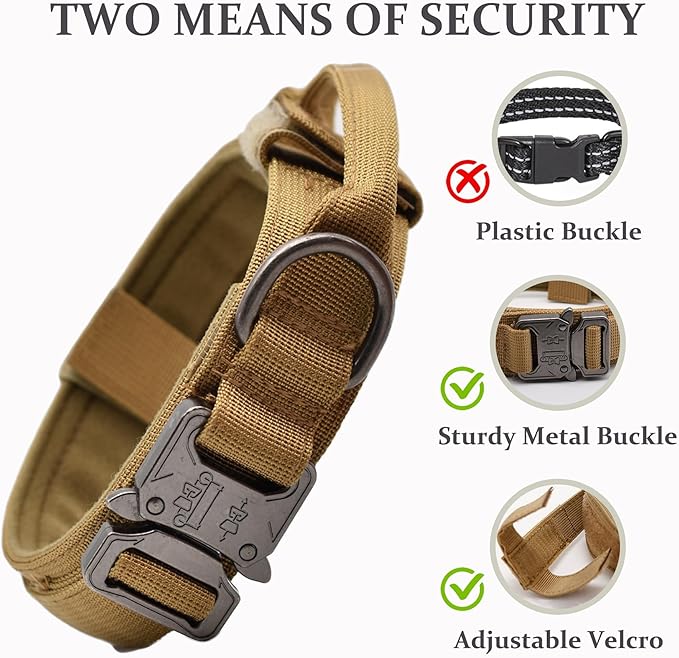 Tactical Dog Collar, Adjustable Military Training Nylon Dog Collar with Control Handle and Heavy Quick-Release Metal Buckle for Small Medium Large Dogs, Brown M