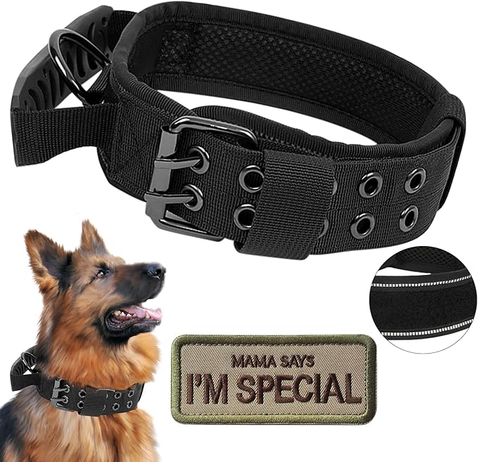 Tactical Dog Collar with Handle - Military Adjustable Dog Training Collar Soft Nylon and Heavy Duty Metal Buckle for Medium Large Dogs - with Patch (Black with Patch, Large)