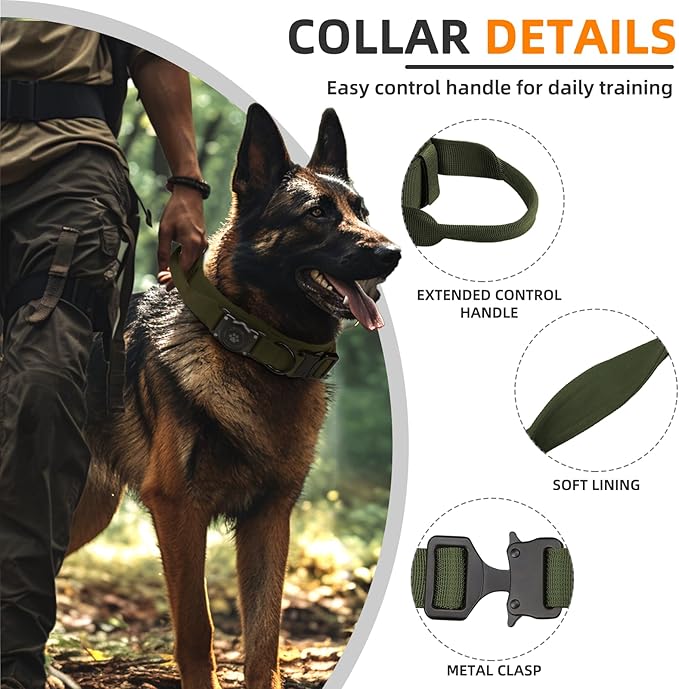 Tactical AirTag Dog Collar, 100% Waterproof Integrated Apple Air Tag Dog Collars with Hard PC AirTag Holder, Adjustable Military Collar with Handle, GPS Dog Collar for Medium Large Dogs