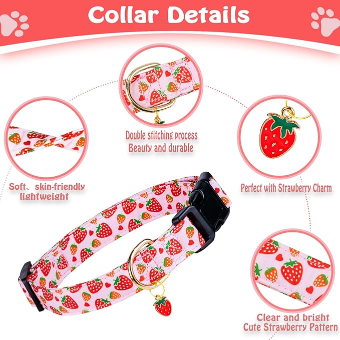 Cute Cotton Dog Collar for Small Medium Large Dogs Special Design Cute Pink Strawberry with Pendant for Girl Female Dogs Soft Adjustable Strawberry Puppy Collars for Girl Female Dogs Pet Collar
