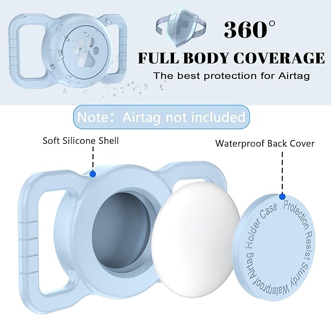 Dog Airtag Holder, Waterproof Airtag Holder for Dog Collar, Fit Most of Collar Widths, Silicone Full Body Covered Anti-Lost Protective Air Tag Case, Ease of Installation, 1 Pack Light Blue