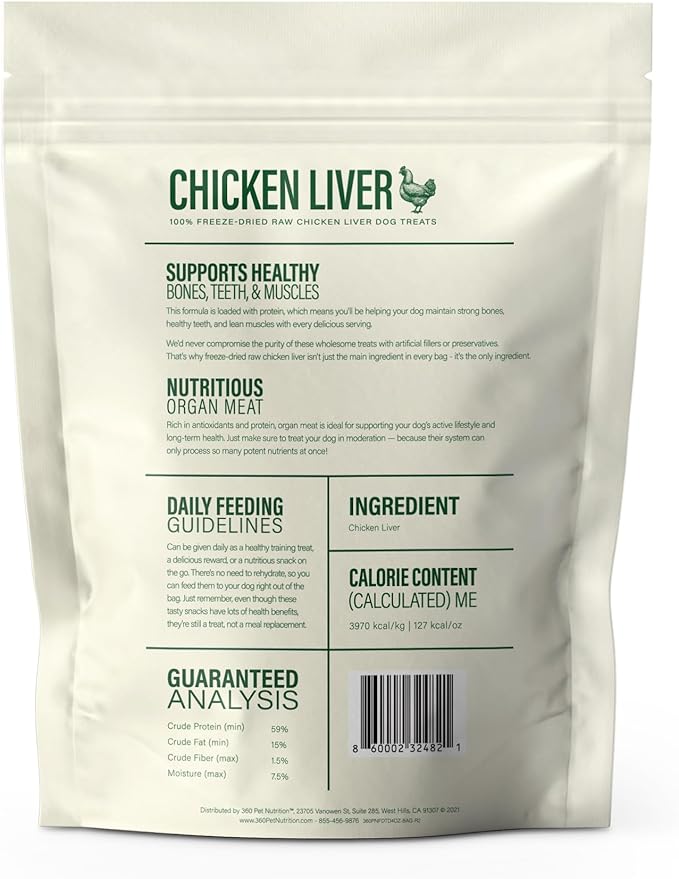 360 Pet Nutrition Freeze-Dried Raw Chicken Liver Dog or Cat Treats, Single Ingredient, High Protein, Grain-Free, USA Made, All-Natural, 4 oz (Chicken Liver), Healthy, Training Snacks, Premium Quality