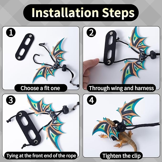 2 Pack Bearded Dragon Lizard Harness Leash Set, Adjustable Reptile Lizard Leashes with Adorable Dinosaur Wing for Geckos, Chameleon, Lizards