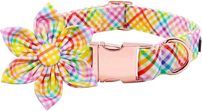 Lionet Paws Easter Dog Collar with Flower - Colorful Cute Cotton Flower Dog Collar with Metal Buckle for Medium Dog Girl, M, Neck 13.5-22in