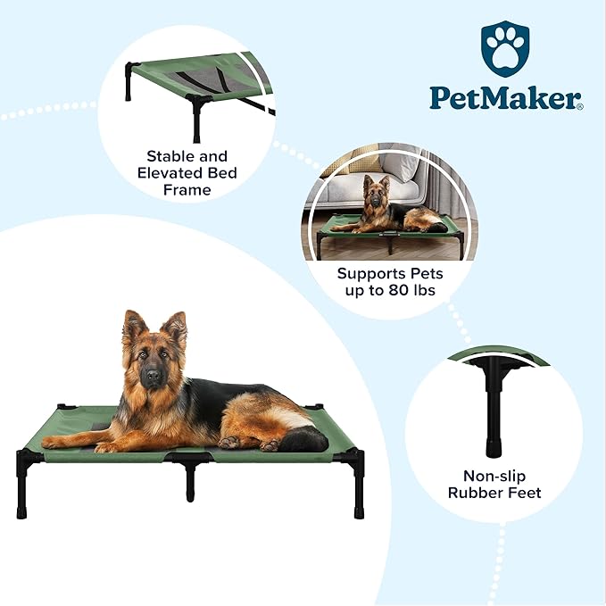 Elevated Dog Bed – 36x29.75 Portable Bed for Pets with Non-Slip Feet – Indoor/Outdoor Dog Cot or Puppy Bed for Pets up to 80lbs by Petmaker (Green)
