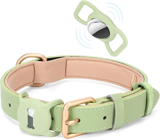 AirTag Leather Dog Collar WHIPPY Padded Apple Air Tag Dog Collar Adjustable Puppy Dog Collar with AirTag Holder Case for Small Medium Large Dog Pet,Green,XS