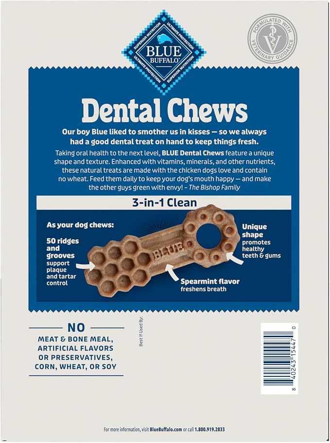 Blue Buffalo Large Dental Chews for Dogs, Daily Dental Care Dog Treats Made in The USA with Natural Ingredients, Chicken & Spearmint (44-oz Box, 28 Count)