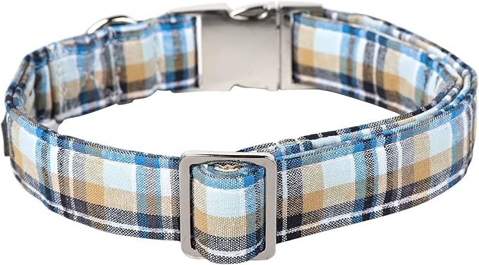 Lionet Paws Boy Dog Collar, Comfortable Adjustable Cute Blue Plaid Collar with Metal Buckle for Male Dogs, Small, Neck 10-16 inches