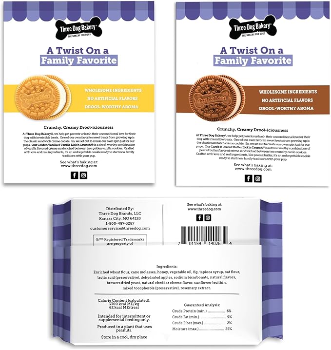 Three Dog Bakery Lick'n Crunch Baked Dog Treats, Carob and Peanut Butter Flavor, 13 Ounce Box, 6-Pack (114059)