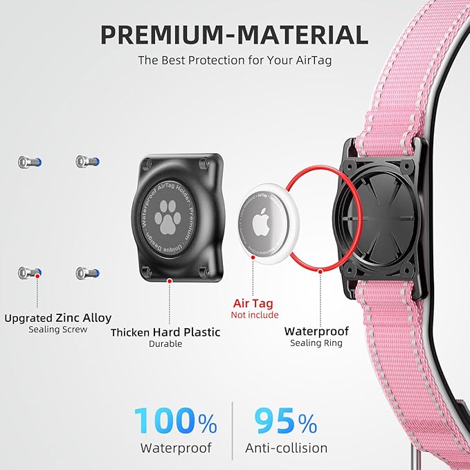 Airtag Dog Collar - 100% Waterproof Air tag Dog Collar Holder for Apple AirTag, Reflective, Soft Padded, Everlasting, GPS Dog Collar for Small Medium Large Dogs (Pink, M)