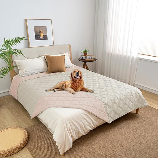 fuguitex Waterproof Dog Blanket Reversible for Small Dogs Resistant Leakproof Washable Couch Cushion Bed Protector Cover for Indoor Furniture Pet Friendly(68"*82",Baby Pink+Cream