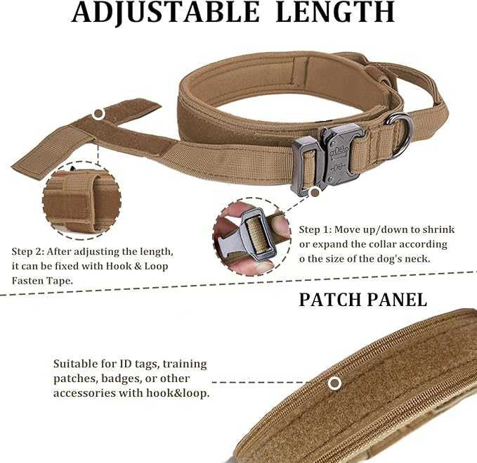 Tactical Dog Collar with Handle - Military Adjustable Dog Training Collar Soft Nylon and Heavy Duty Metal Buckle for Medium Large Dogs - with Patch (Brown, Large)