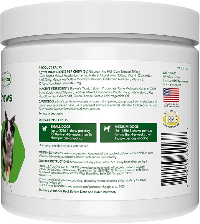 Lintbells YuMOVE Joint Supplement Dog Chews - Contains Glucosamine, Green Lipped Mussel - Natural Relief from Hip Ache, Stiff Joints - 1 Month’s Supply (Small & Medium)