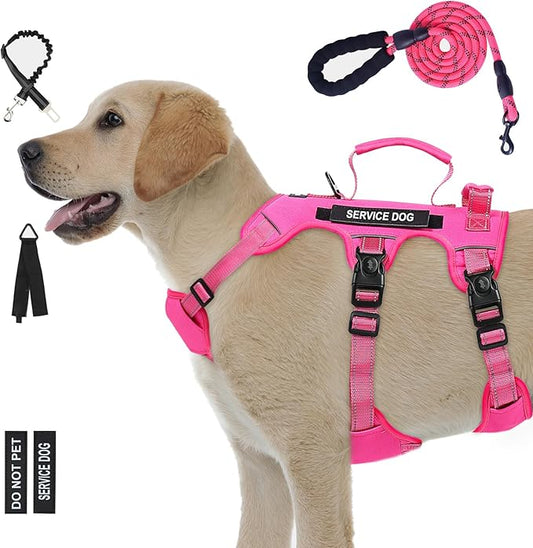 Escape Proof Dog Harness for Large Medium Sized Dogs Six Point Adjustable, Service Dog Vest Harness and Leash Set, No Pull Dogs Harnesses with Handle, Medium Dog Harnesses for Walking(Pink, M)