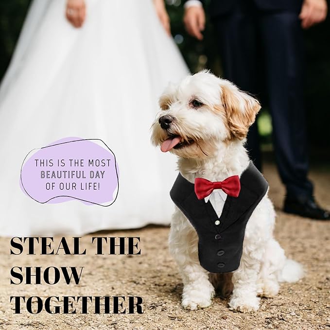 Dog Tuxedo for Wedding Outfit, Dog Suit and Tie Costumes for Birthday, Halloween, Cosplay, Christmas Party, Pet Formal Wear with Bowtie, Tux for Small Dogs, Chihuahua, Bichon, Maltese, Cats