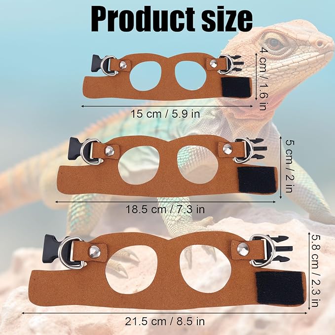 3 Pcs Bearded Dragon Harnesses, Adjustable Soft Leather Lizard Harness with Retractable Traction Rope Small Animal Walking Vest Leash Accessories Set for Reptiles Squirrel Lizard Chinchilla