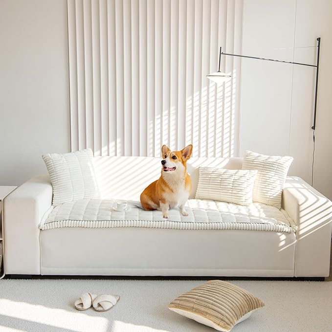 OTOB Couch Cover for Dogs Washable, Non Slip Plush Sofa Covers, Soft Fuzzy Durable Kids Pet Friendly Furniture Protector Covers (Cream, 27.6" x 70.9")
