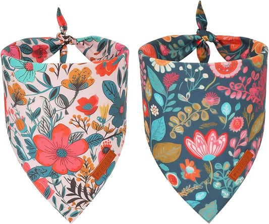 PTDECOR Flower Dog Bandana,2 Pcs Floral Reversible Dog Scarf, Multi Size, Triangle Pet Bandanas for Extra Large Dogs (Flower, X-Large)