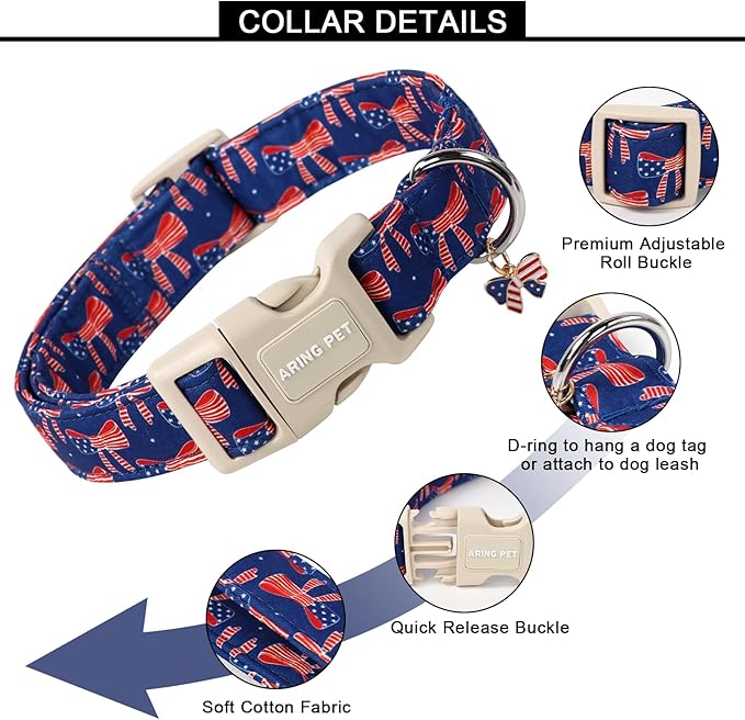 ARING PET 4th of July Dog Collar-Cute Bow Patriotic Dog Collars, Adjustable American Flag Pet Collars Puppy Collar with Quick Release Buckle