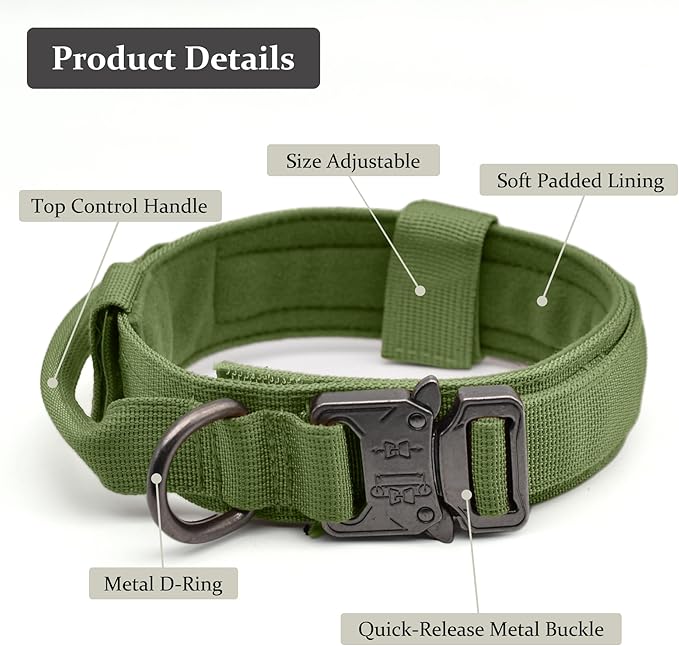 Tactical Dog Collar, Adjustable Military Training Nylon Dog Collar with Control Handle and Heavy Quick-Release Metal Buckle for Small Medium Large Dogs, Green XXL