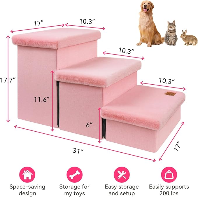 Dog Stairs with Furry Lids 18" H, 3-Step Wider Dog Steps with Storage for Small/Medium/Large Dogs Cats, Folding Sturdy Pet Stairs Climbing Bed or Sofa, Ramp for Car Hold Up to 200 lbs, Pink
