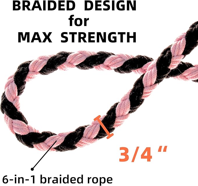 Handmade 5ft Braided Cotton Dog Leash with Unique Floral Handle, Durable and Stylish, Ideal for Small to Large Dogs, Black & Pink Color