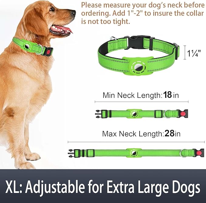 Airtag Dog Collar with AirTag Holder for Large Dogs, Reflective, Soft Padded & Safety Locking Buckle, Nylon Pet Collars Adjustable for All Breeds, Green,XL