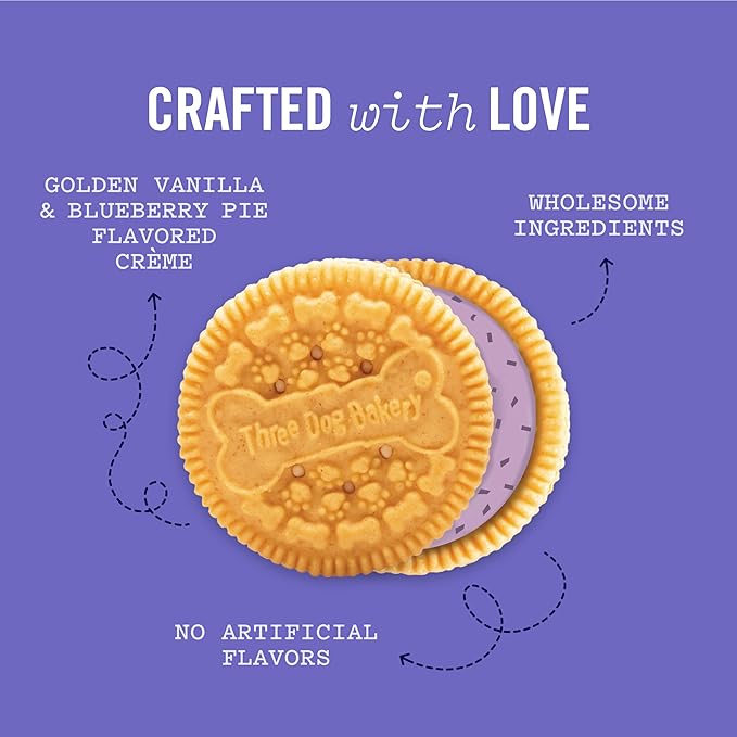 Three Dog Bakery Blueberry Pie Lick'n Crunch! Sandwich - Cookies with Real Blueberries, Puppy Cookies, Dog Birthday, Drool-Worthy Dog Bakery Snack