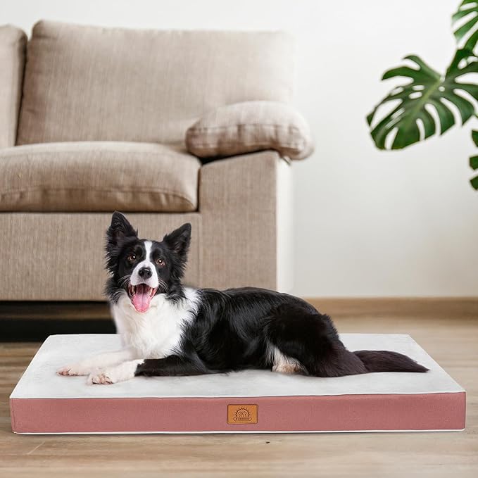 Orthopedic Dog Bed for Large Dogs, Waterproof Deluxe Plush Dog Crate Bed with Removable Washable Cover & Anti-Slip Bottom, Egg Crate Foam Pet Bed Mat, 35 x 22 Inches, Pink