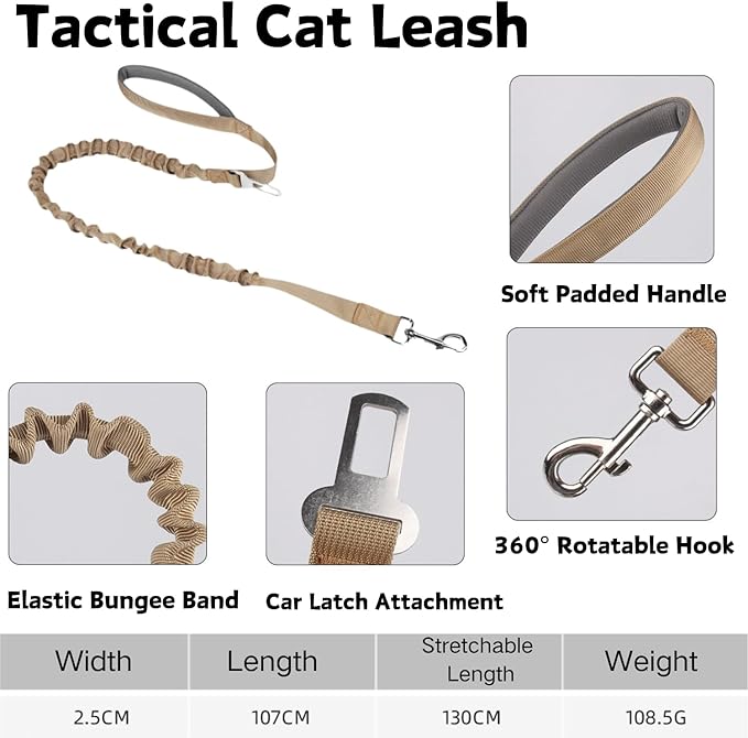 Tactical Cat Harness and Leash Set for Walking Escape Proof Adjustable Large Cat Vest Harness with Patches Soft Mesh Padding Rubber Handle Easy to Control (Khaki Harness & Leash)