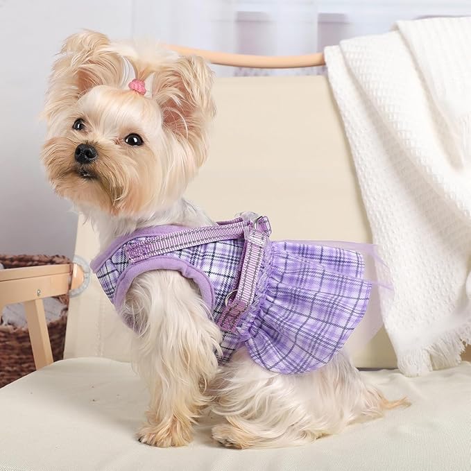 Dog Harness Dress, Plaid Dog Harness Dress with Leash Set, Summer Cute Pet Dog Clothes,Girl Puppy Dresses for Girl Small Dogs, Chihuahua Harness (Purple Harness+Rope, Small)